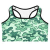 Mint Camo Sports Bra from GearBunch, featuring a classic camouflage pattern in shades of green and teal.