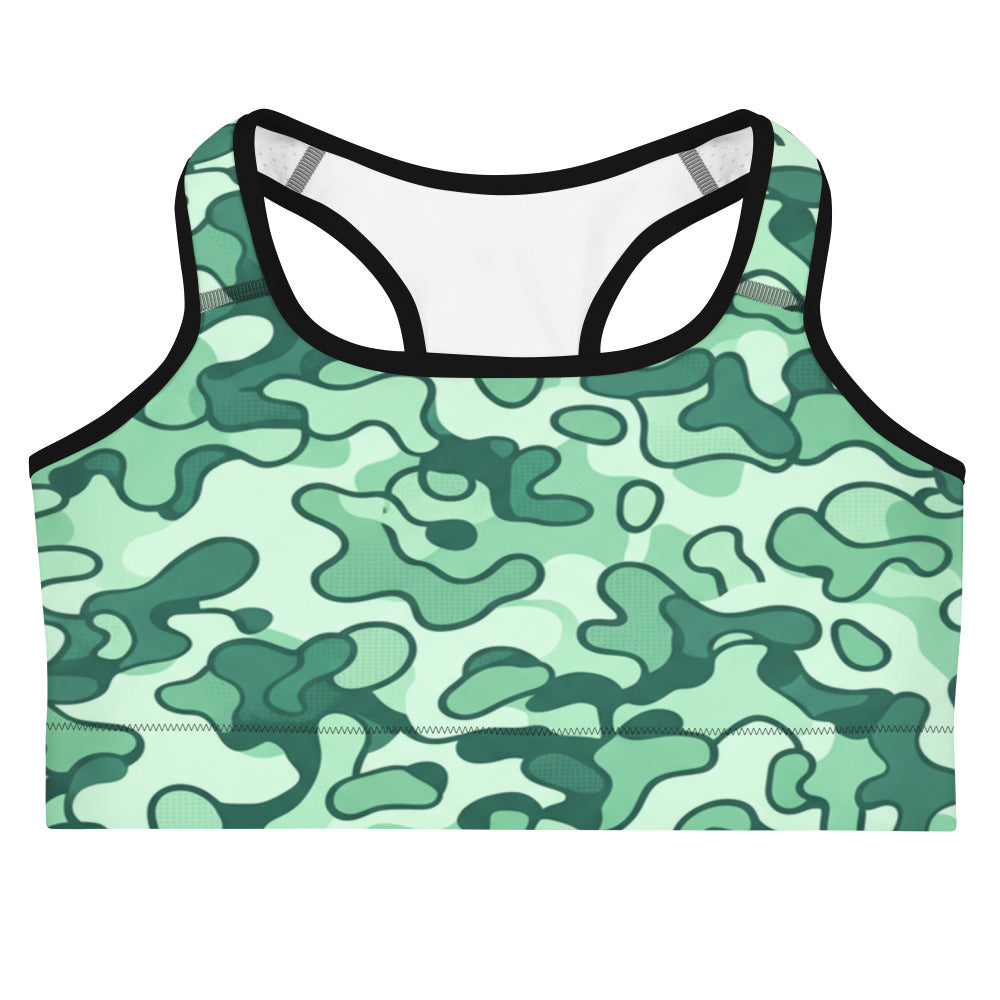 Mint Camo Sports Bra from GearBunch, featuring a classic camouflage pattern in shades of green and teal.
