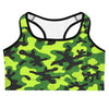 Neon camouflage print GearBunch Sports Bra featuring bright neon green and dark green camo pattern.