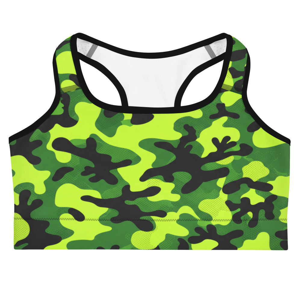 Neon camouflage print GearBunch Sports Bra featuring bright neon green and dark green camo pattern.