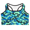 Ocean Teal Camo Sports Bra by GearBunch. Premium activewear with a bold camouflage design in shades of teal and aqua.