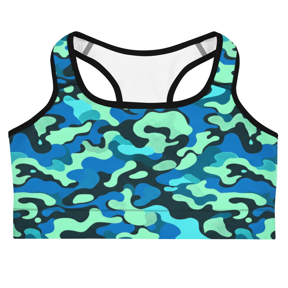 Ocean Teal Camo Sports Bra by GearBunch. Premium activewear with a bold camouflage design in shades of teal and aqua.