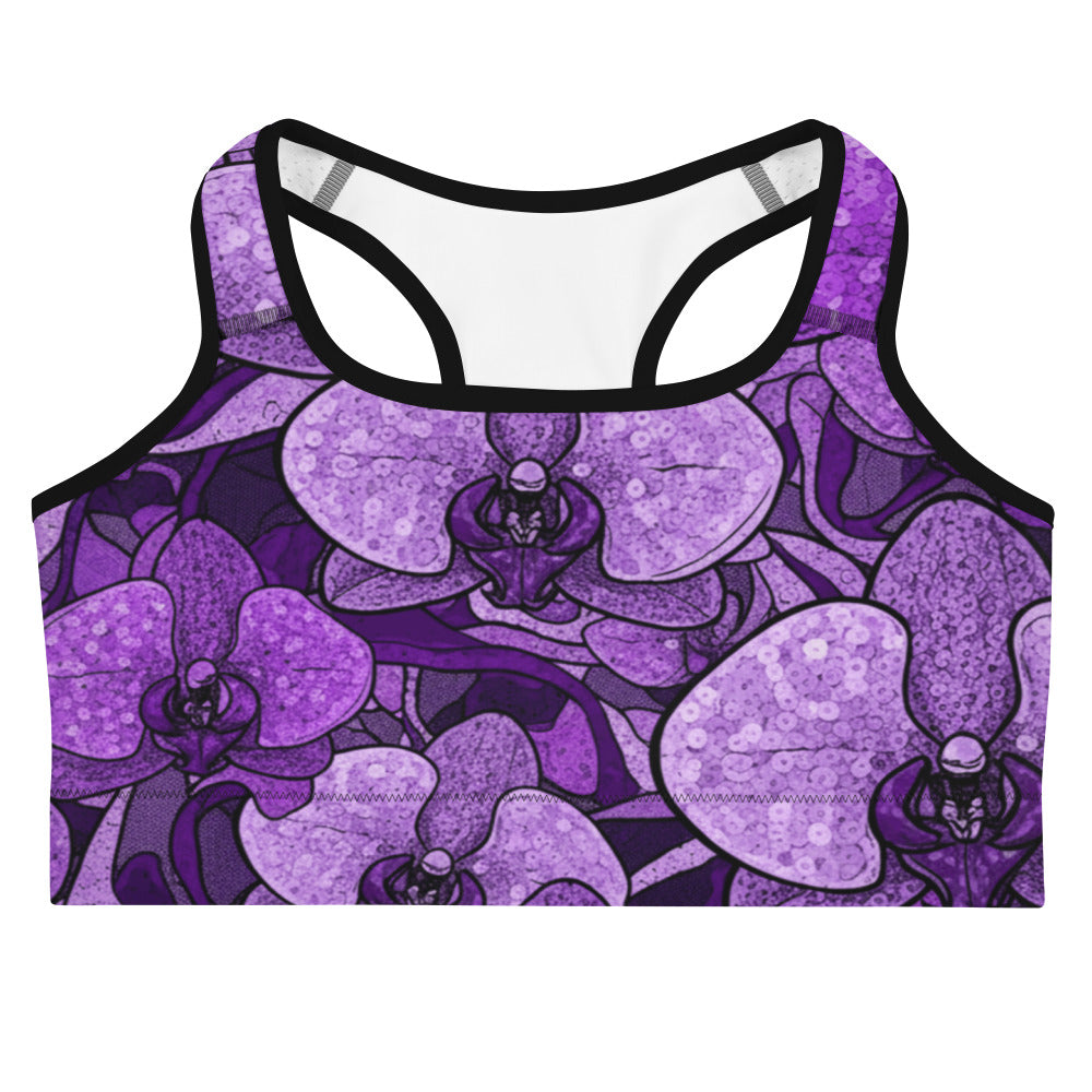 Purple Paillette Orchid Sports Bra, all-over print design, GearBunch Sports Bra