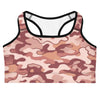 Rose Gold Camo Sports Bra by GearBunch, featuring a unique camouflage pattern in shades of pink and copper.