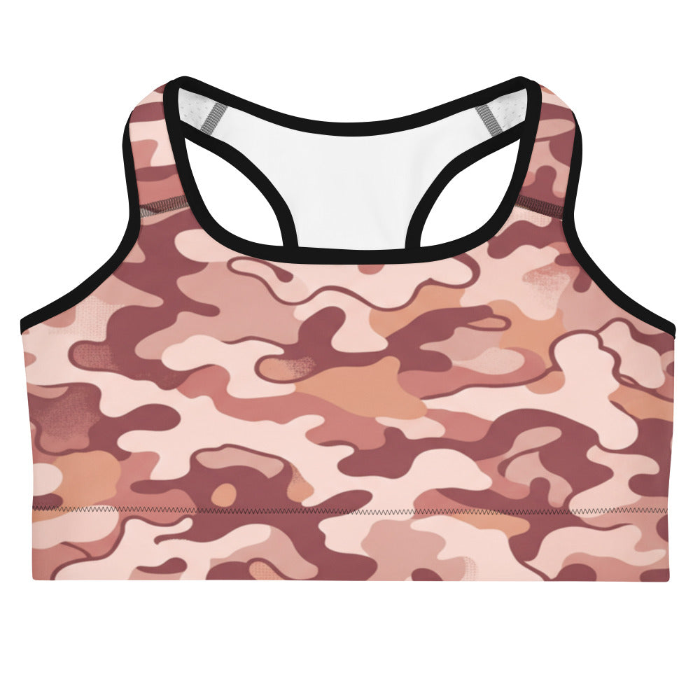 Rose Gold Camo Sports Bra by GearBunch, featuring a unique camouflage pattern in shades of pink and copper.