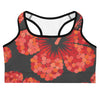 Scarlet Hibiscus Sports Bra featuring a bold floral design on a dark grey background, a GearBunch Sports Bra.