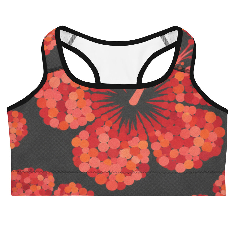 Scarlet Hibiscus Sports Bra featuring a bold floral design on a dark grey background, a GearBunch Sports Bra.