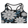 Silver daisy design on a midnight black GearBunch Sports Bra, perfect for workouts and active lifestyles.