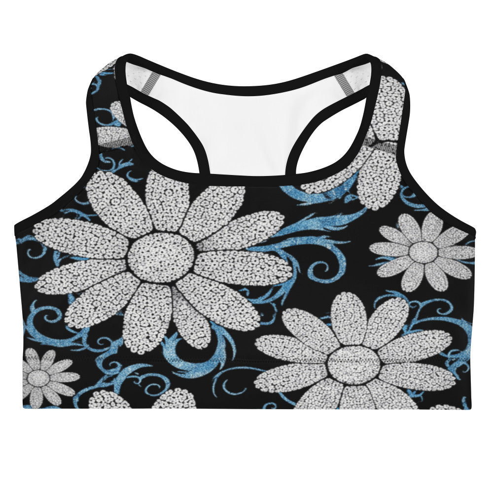 Silver daisy design on a midnight black GearBunch Sports Bra, perfect for workouts and active lifestyles.
