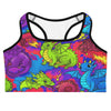 Vibrant Dragon Fantasy Sports Bra from GearBunch, featuring colourful cartoon dragons on a purple background.