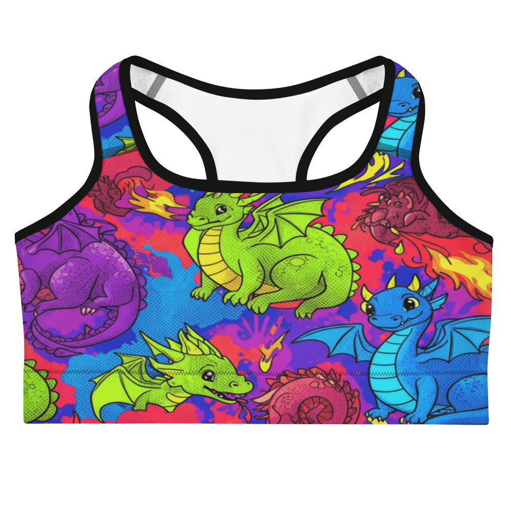 Vibrant Dragon Fantasy Sports Bra from GearBunch, featuring colourful cartoon dragons on a purple background.