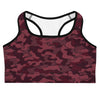 Wine Burgundy Camo Sports Bra from GearBunch, featuring a deep red and burgundy camouflage all-over print.