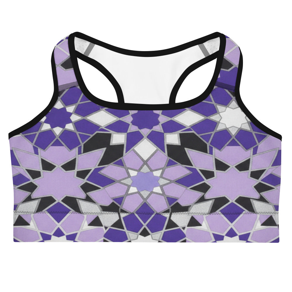 Zellige Amethyst Sports Bra featuring a purple geometric print, high-quality activewear by GearBunch Sports Bra