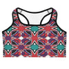 Zellige Crimson Teal Sports Bra featuring a geometric tile pattern in crimson, teal, white and black by GearBunch.