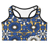 Zellige Midnight Blue Sports Bra by GearBunch: premium activewear with geometric pattern in navy, gold, and white.