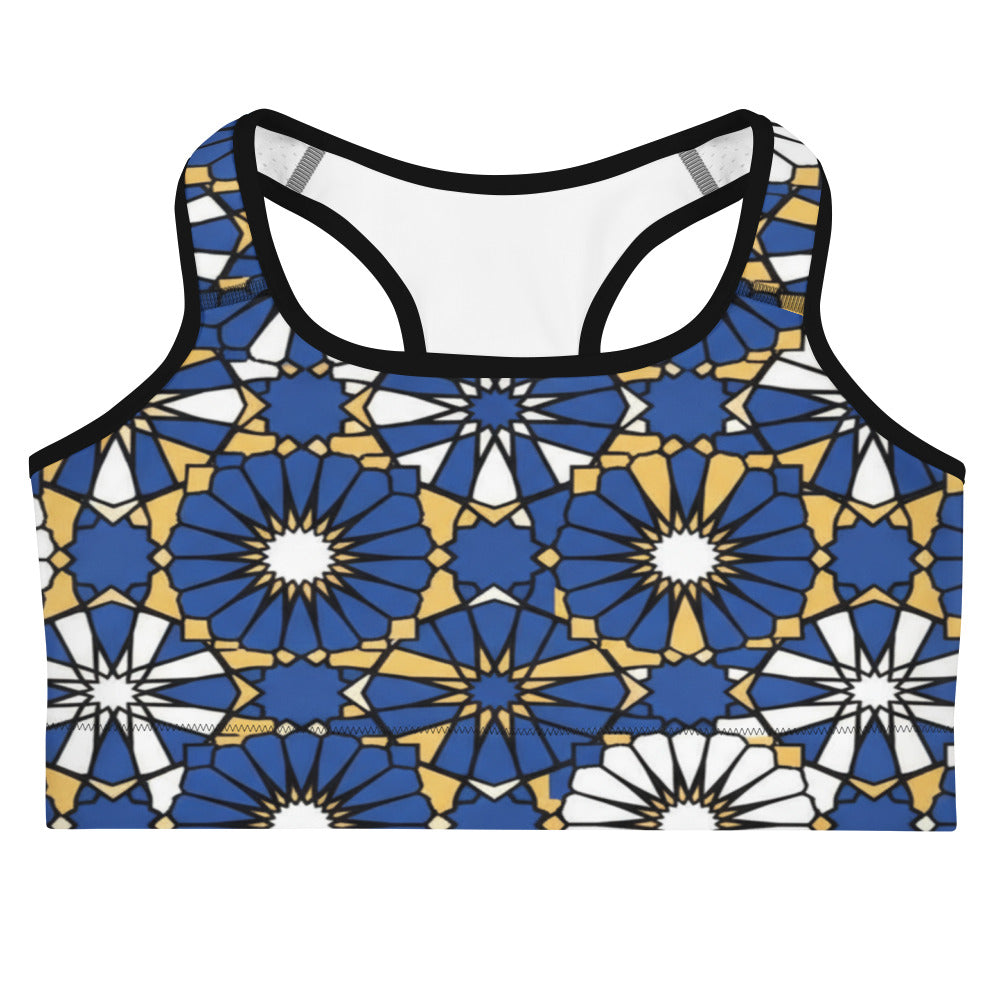 Zellige Midnight Blue Sports Bra by GearBunch: premium activewear with geometric pattern in navy, gold, and white.