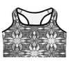 Zellige Monochrome Sports Bra featuring interlocking geometric patterns in black, grey, and white from GearBunch Sports Bra