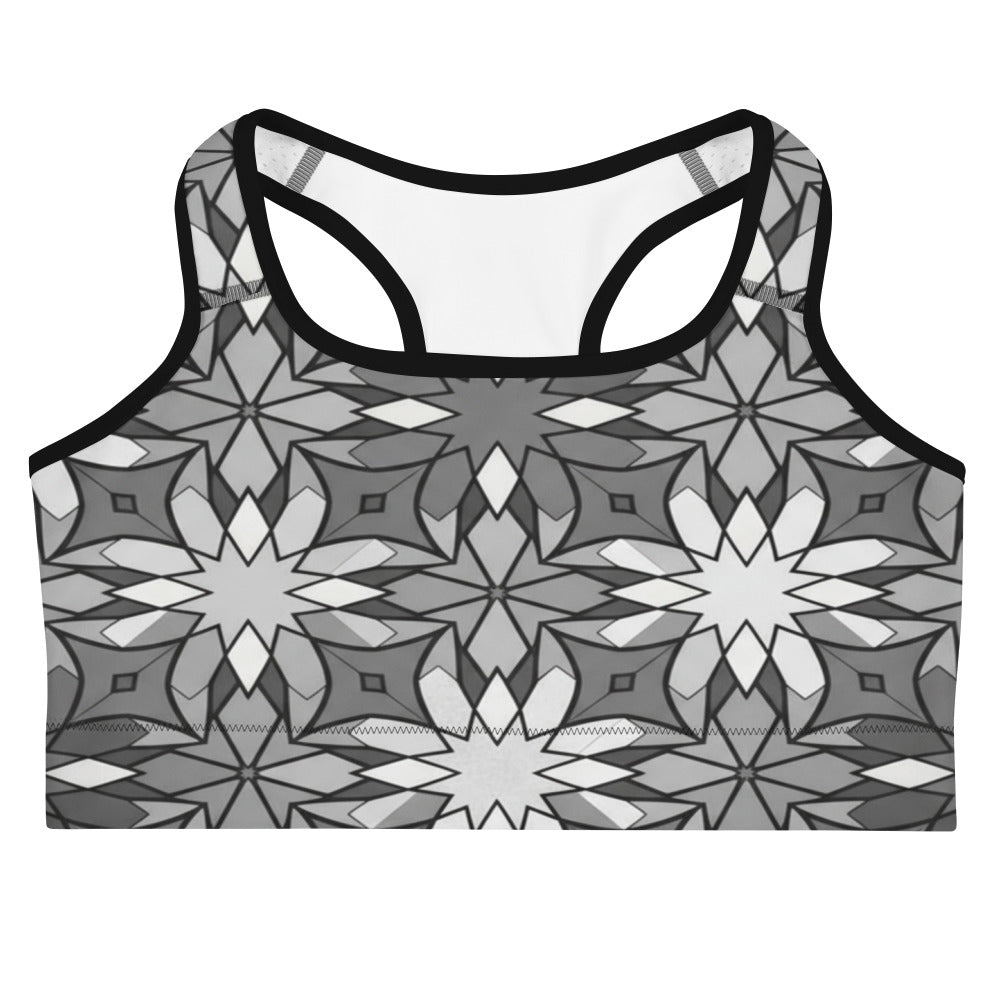 Zellige Monochrome Sports Bra featuring interlocking geometric patterns in black, grey, and white from GearBunch Sports Bra