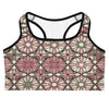Zellige Rose Garden Sports Bra by GearBunch: Premium activewear featuring a geometric pattern in pink, green, and cream.