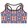 Zellige Sapphire Ruby Sports Bra from GearBunch featuring a bold geometric print in red, blue, gold, white and black.