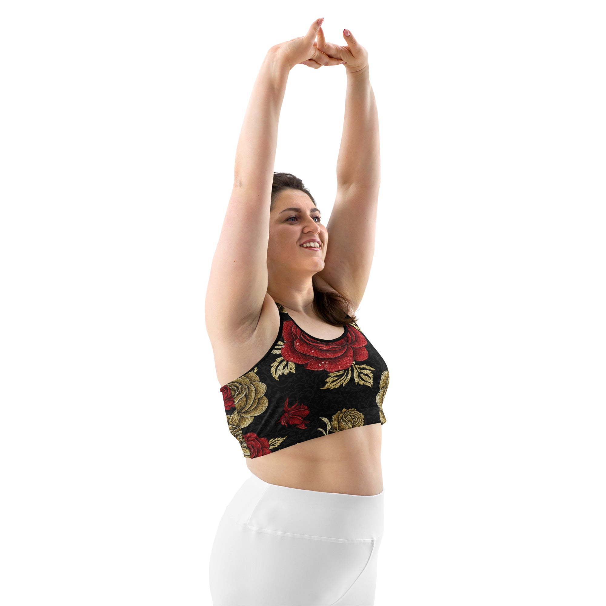 Gold Paillette Rose Sports Bra | GearBunch