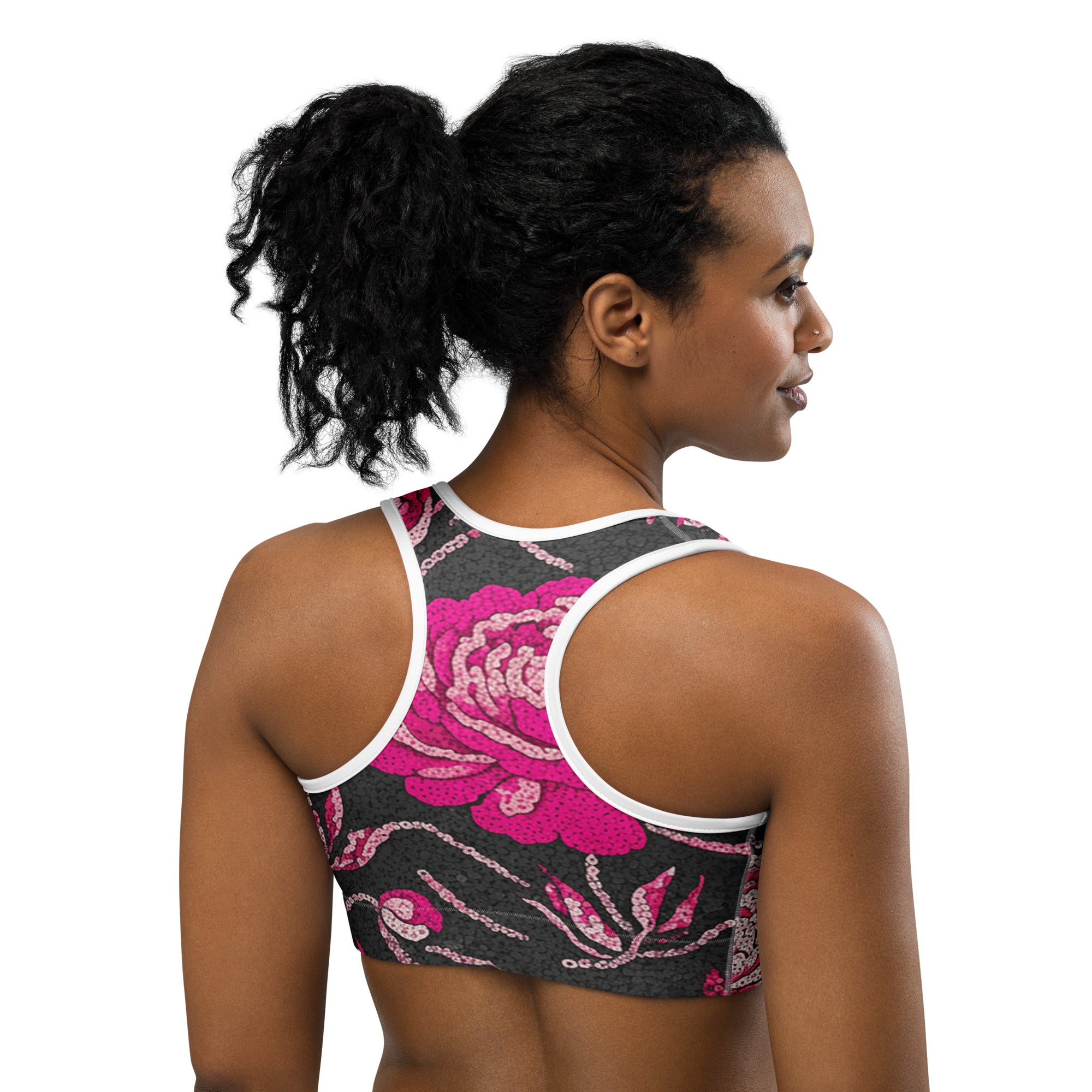 Pink Paillette Peony Sports Bra | GearBunch