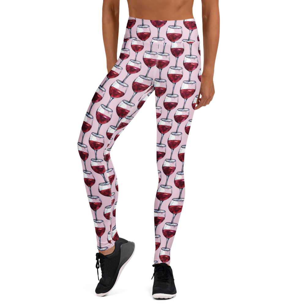 Women's red wine printed yoga pants front view