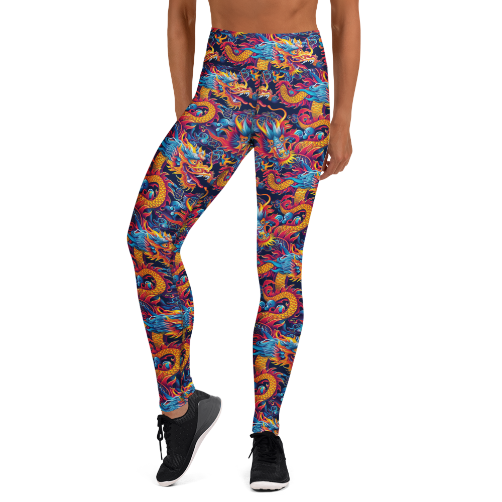 Women's oriental dragon printed yoga pants front view