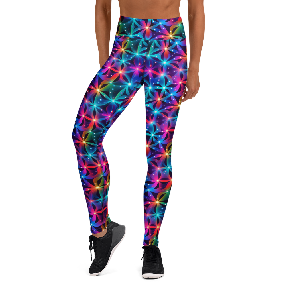 Women's neon flower printed yoga pants front view