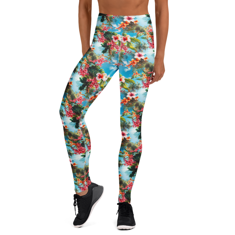 Women's tropical beach flower printed leggings front view