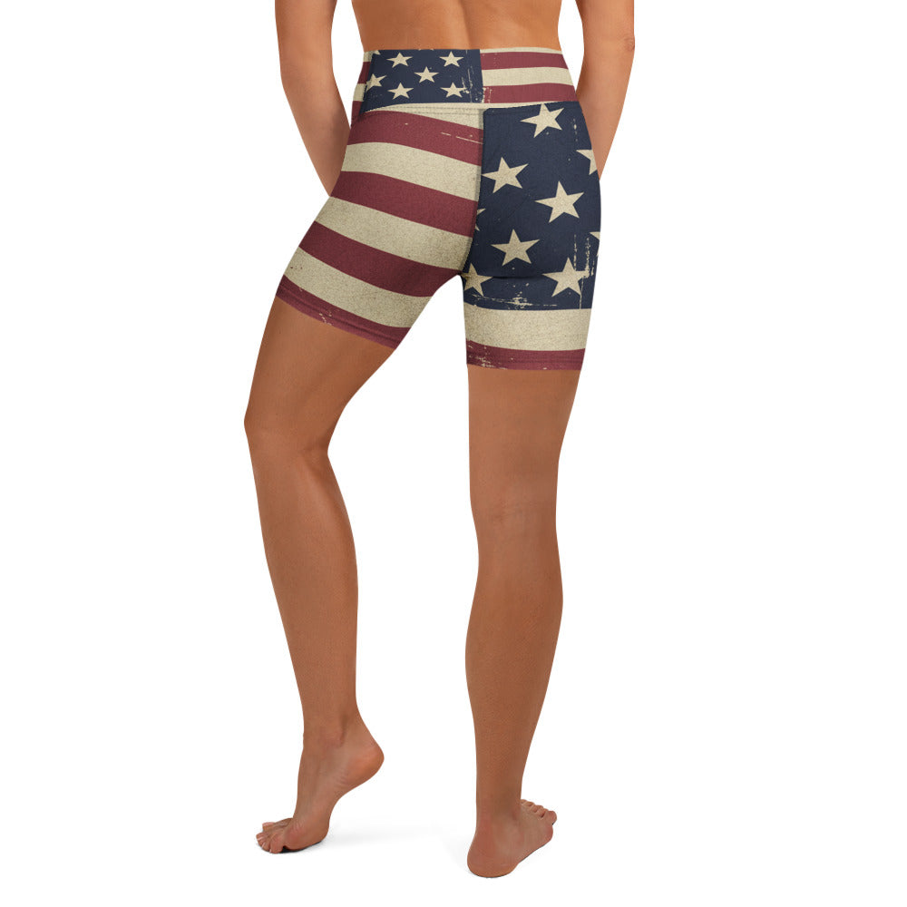 Vintage Distressed American Flag Yoga Shorts | GearBunch