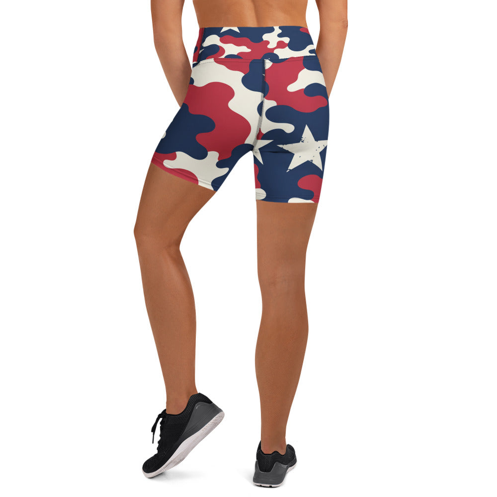 Red White Blue Camo Stars Yoga Shorts | GearBunch