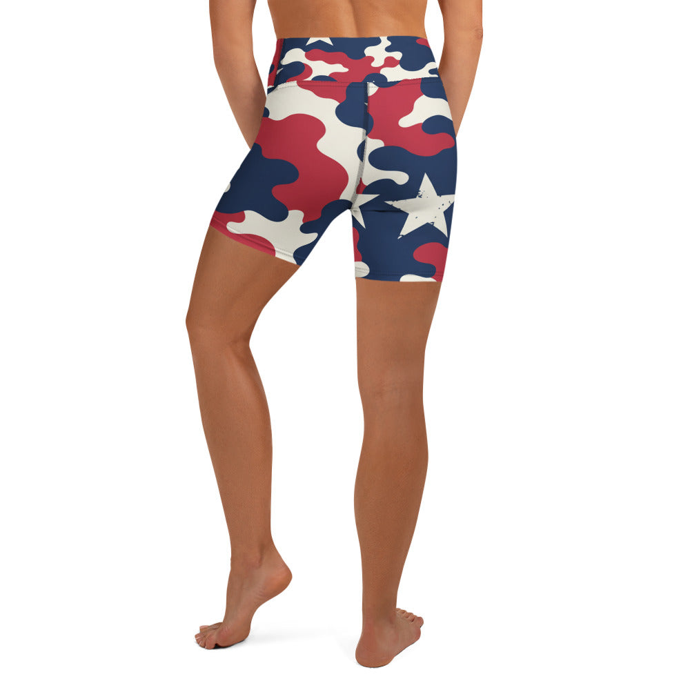 Red White Blue Camo Stars Yoga Shorts | GearBunch