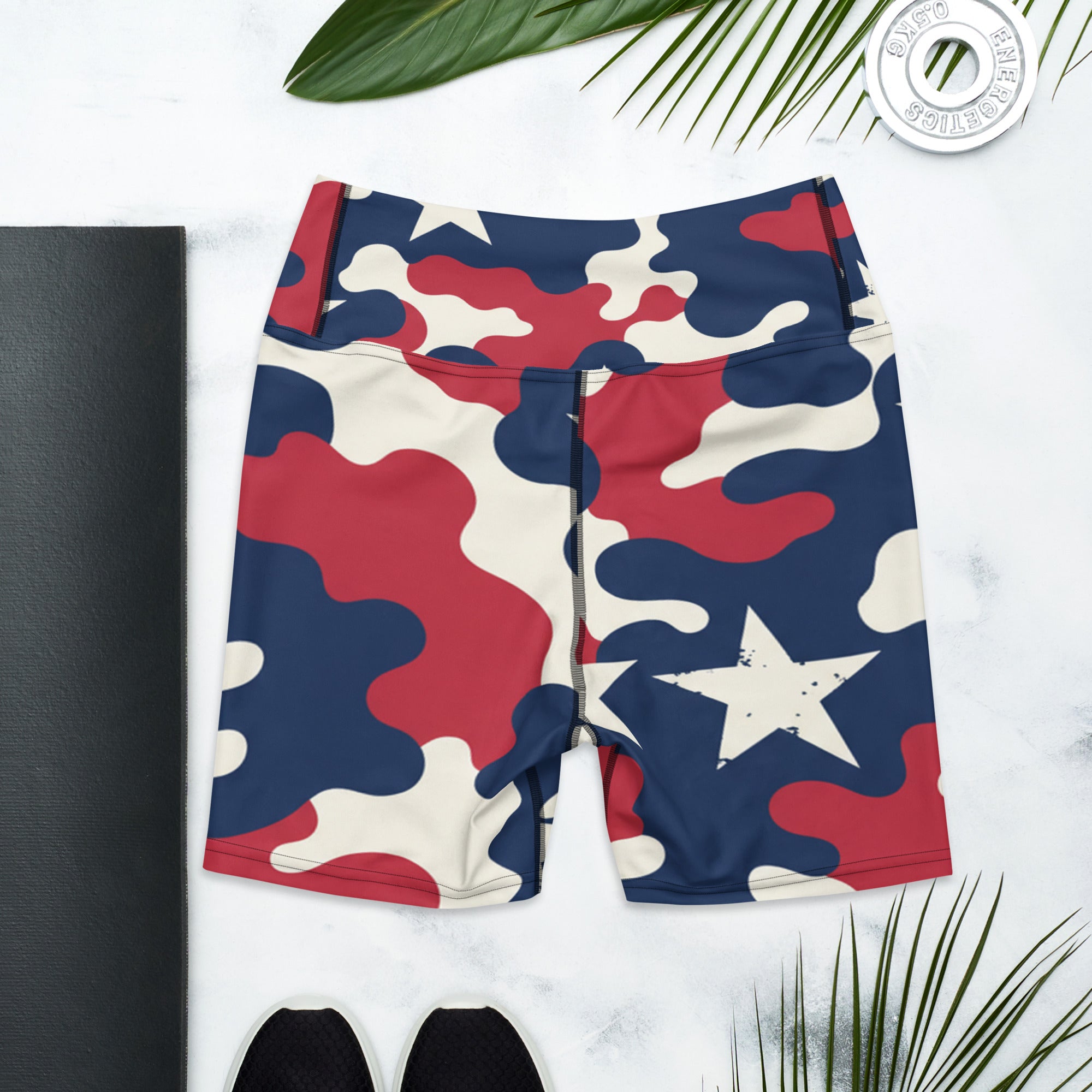 Red White Blue Camo Stars Yoga Shorts | GearBunch