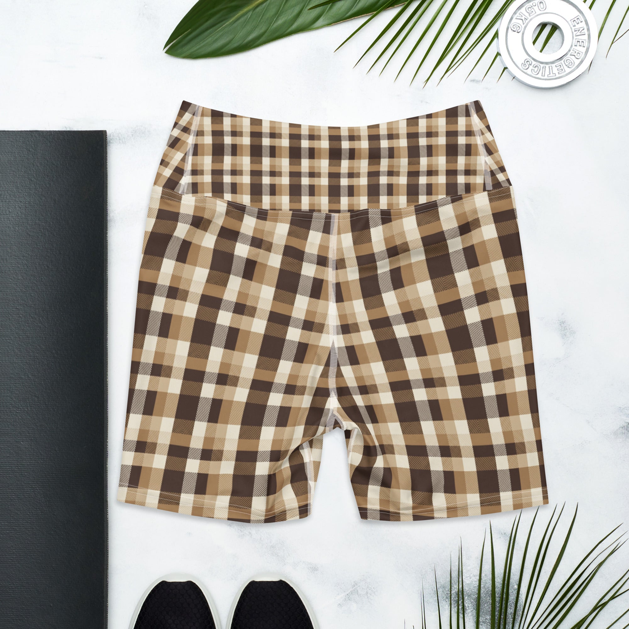 Gingham Brown Autumn Yoga Shorts | GearBunch