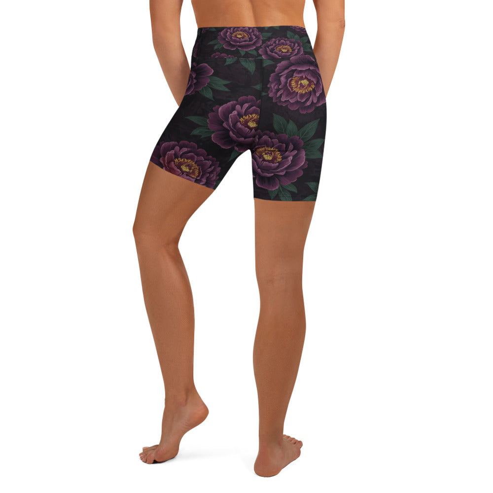 Dark Moody Peonies Yoga Shorts | GearBunch