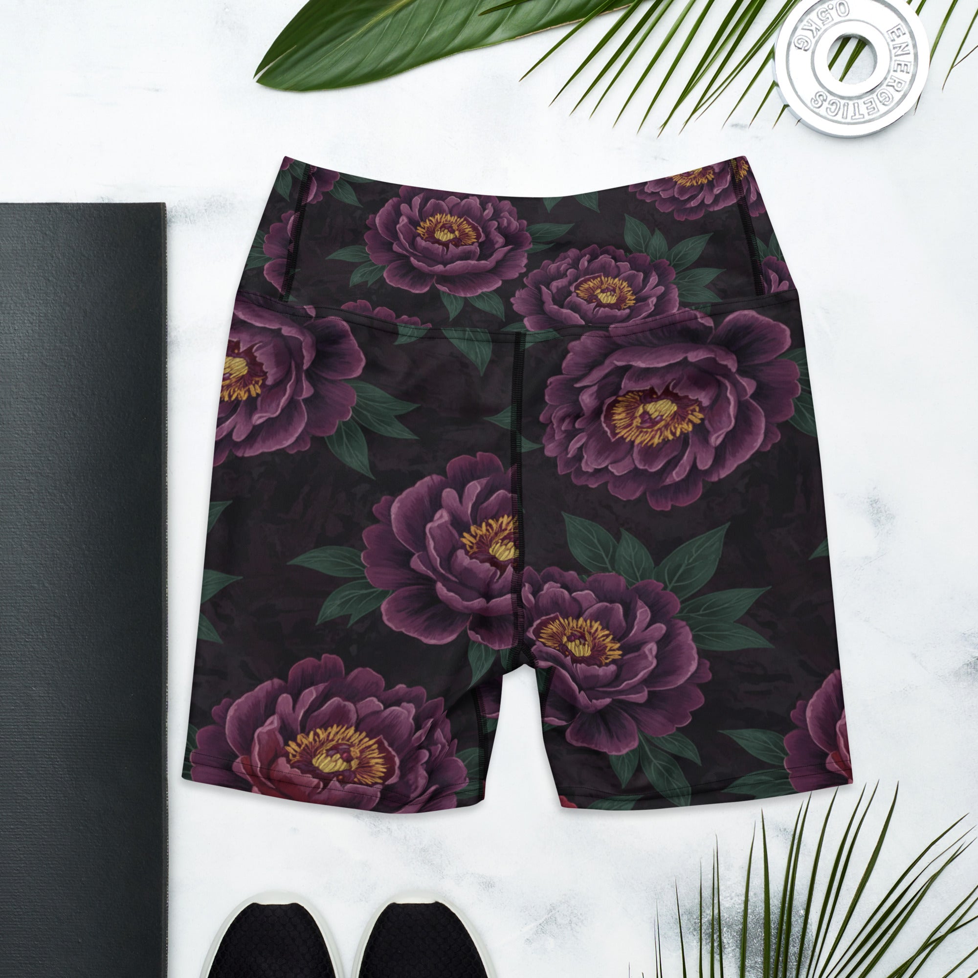 Dark Moody Peonies Yoga Shorts | GearBunch