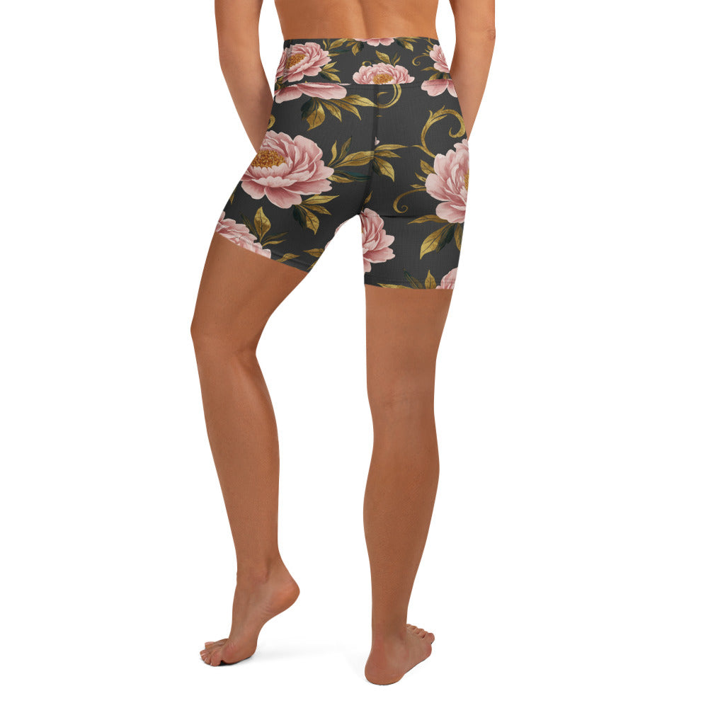 Blush Peonies and Gold Yoga Shorts | GearBunch