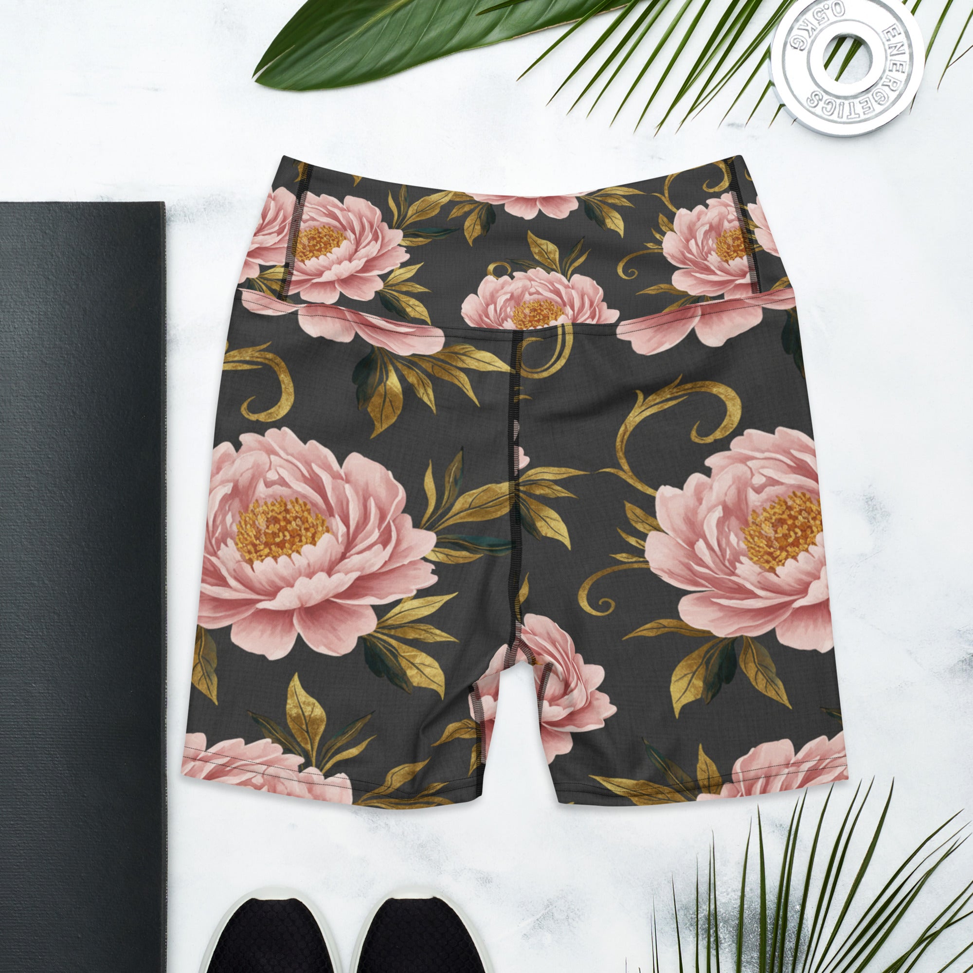 Blush Peonies and Gold Yoga Shorts | GearBunch