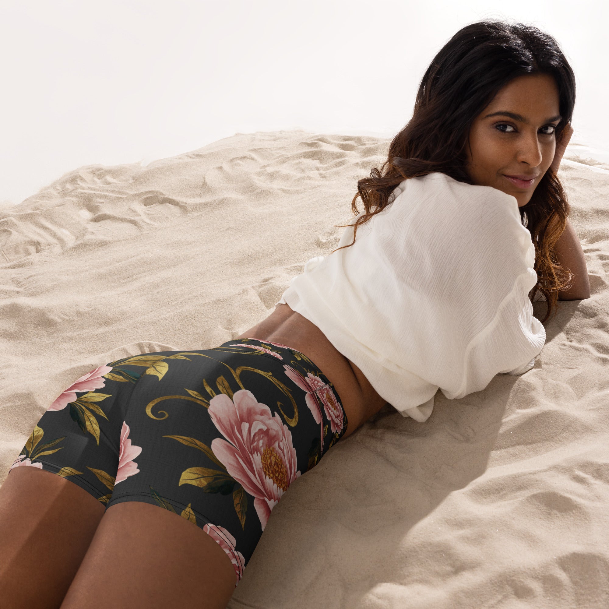Blush Peonies and Gold Yoga Shorts | GearBunch
