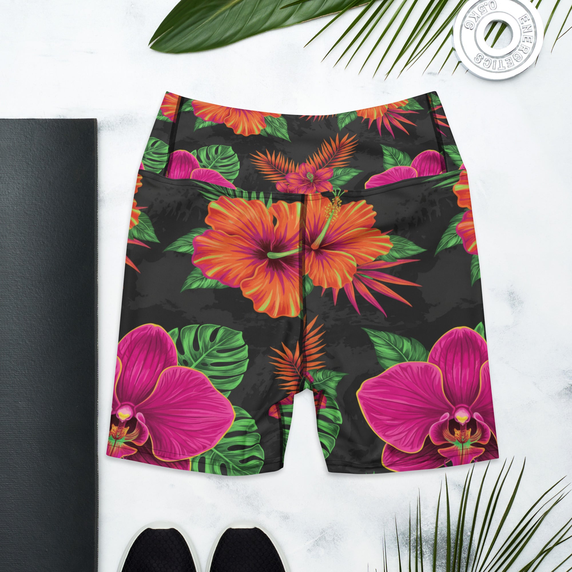 Neon Tropical Flowers Yoga Shorts | GearBunch