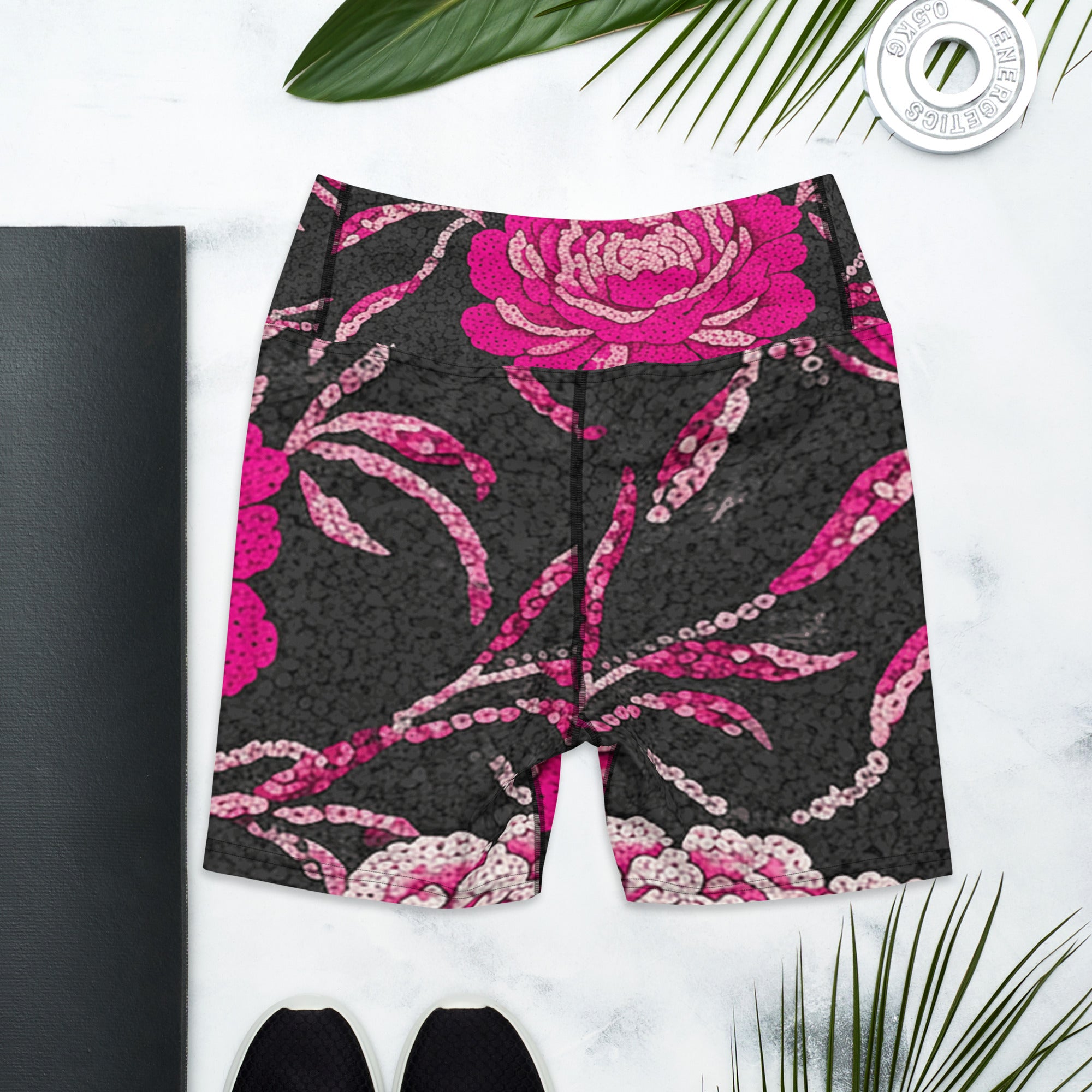 Pink Paillette Peony Yoga Shorts | GearBunch