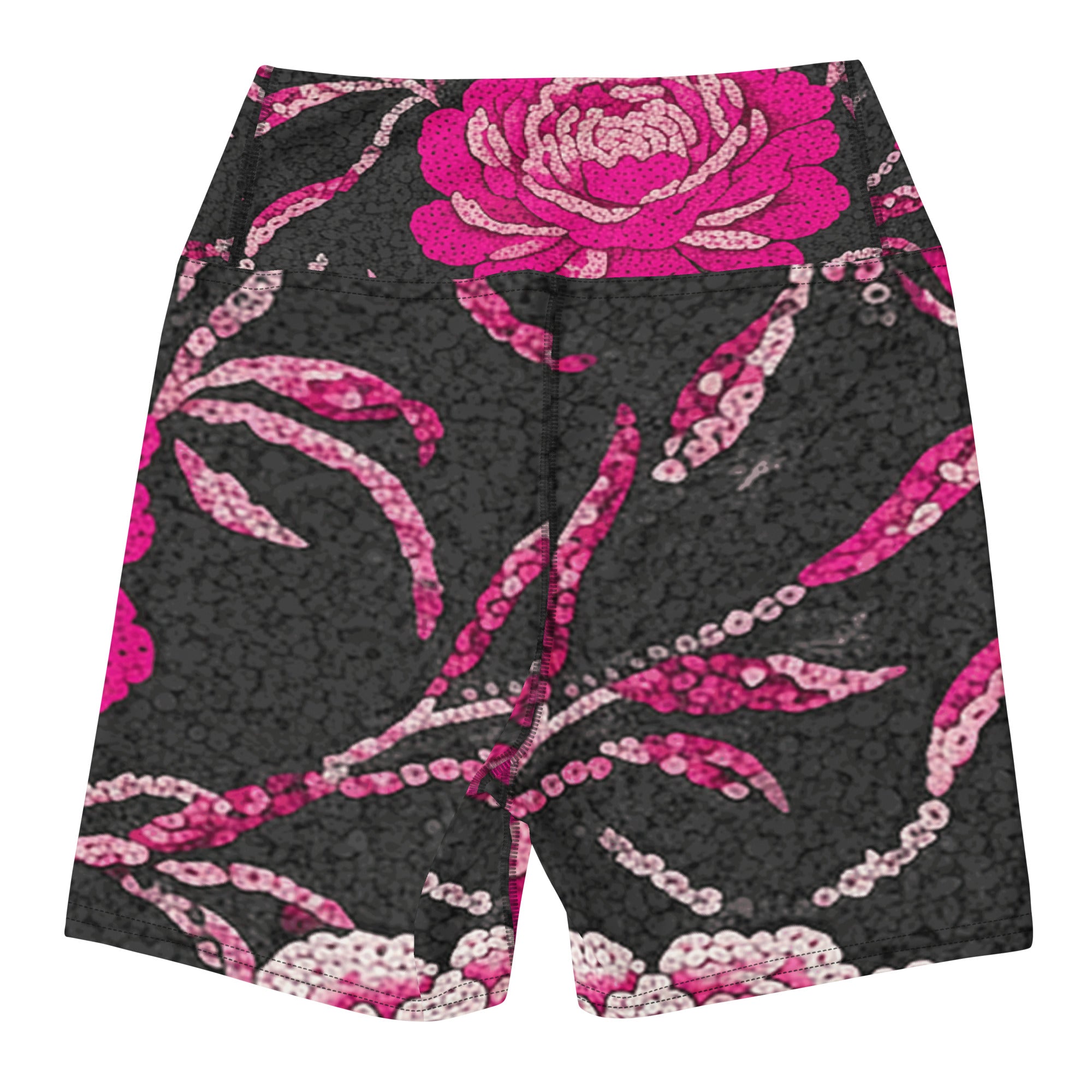 Pink Paillette Peony Yoga Shorts | GearBunch