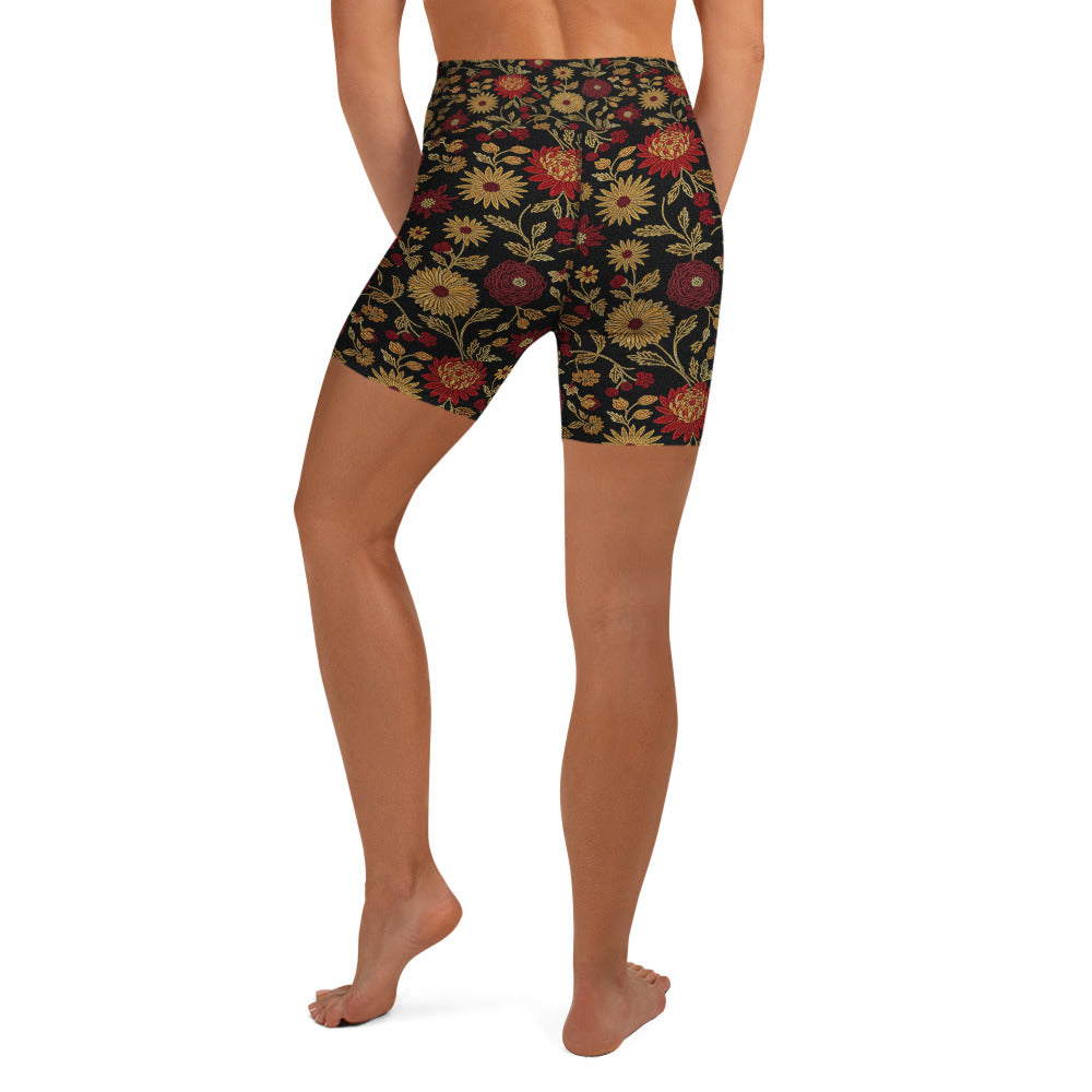 Gold Paillette Rose Garden Yoga Shorts | GearBunch
