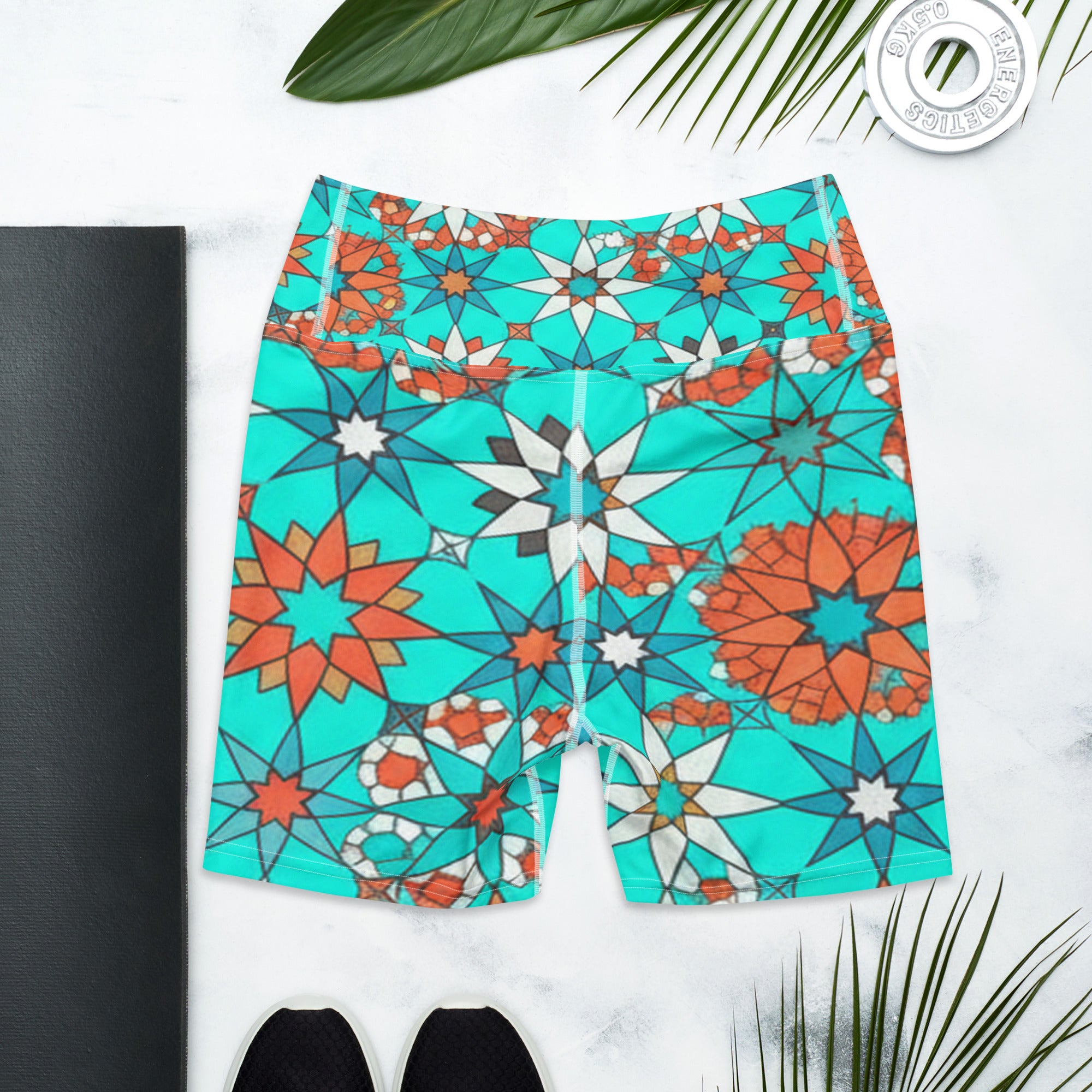 Zellige Turquoise Coral Yoga Shorts | GearBunch