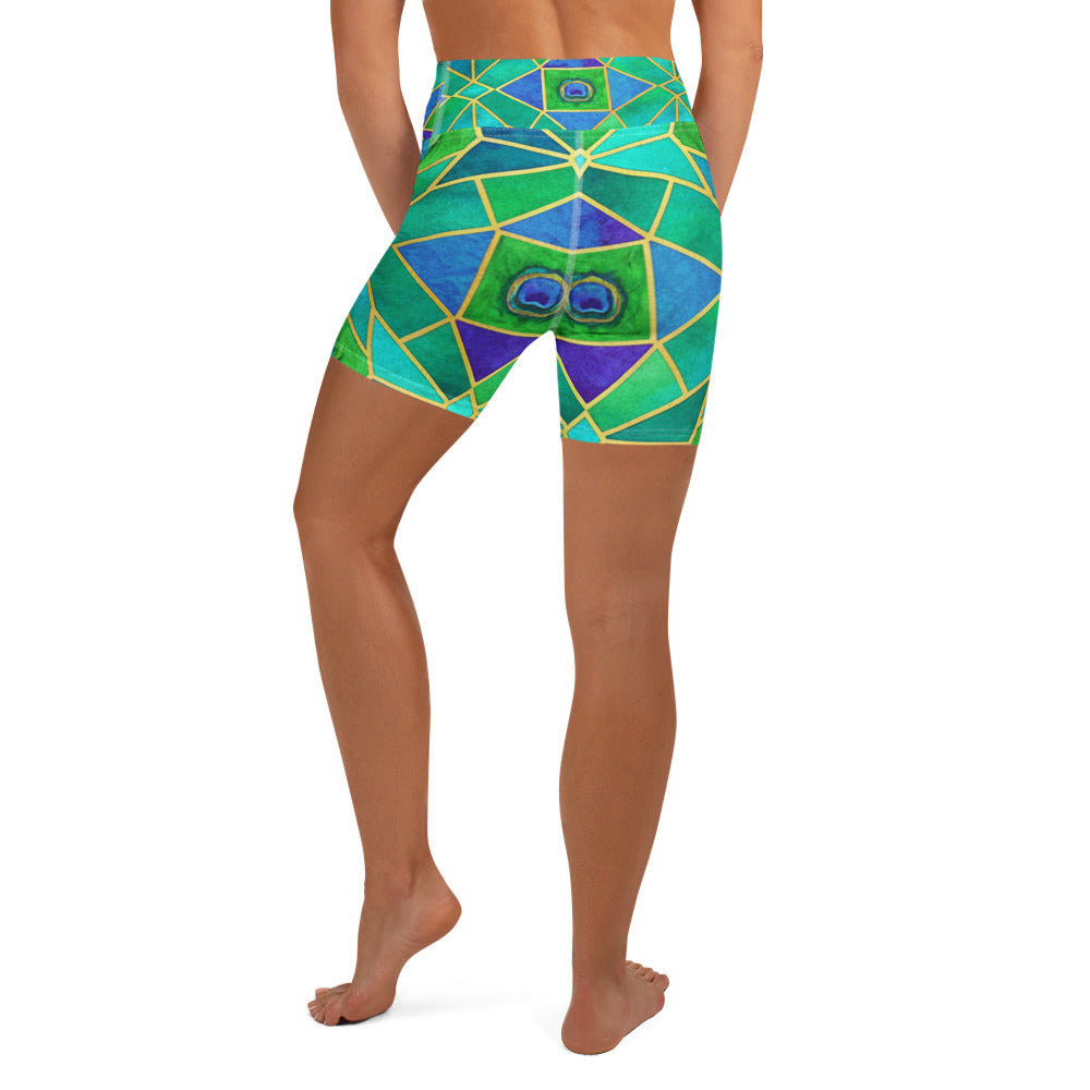 Arabic Watercolour Peacock Plume Yoga Shorts | GearBunch