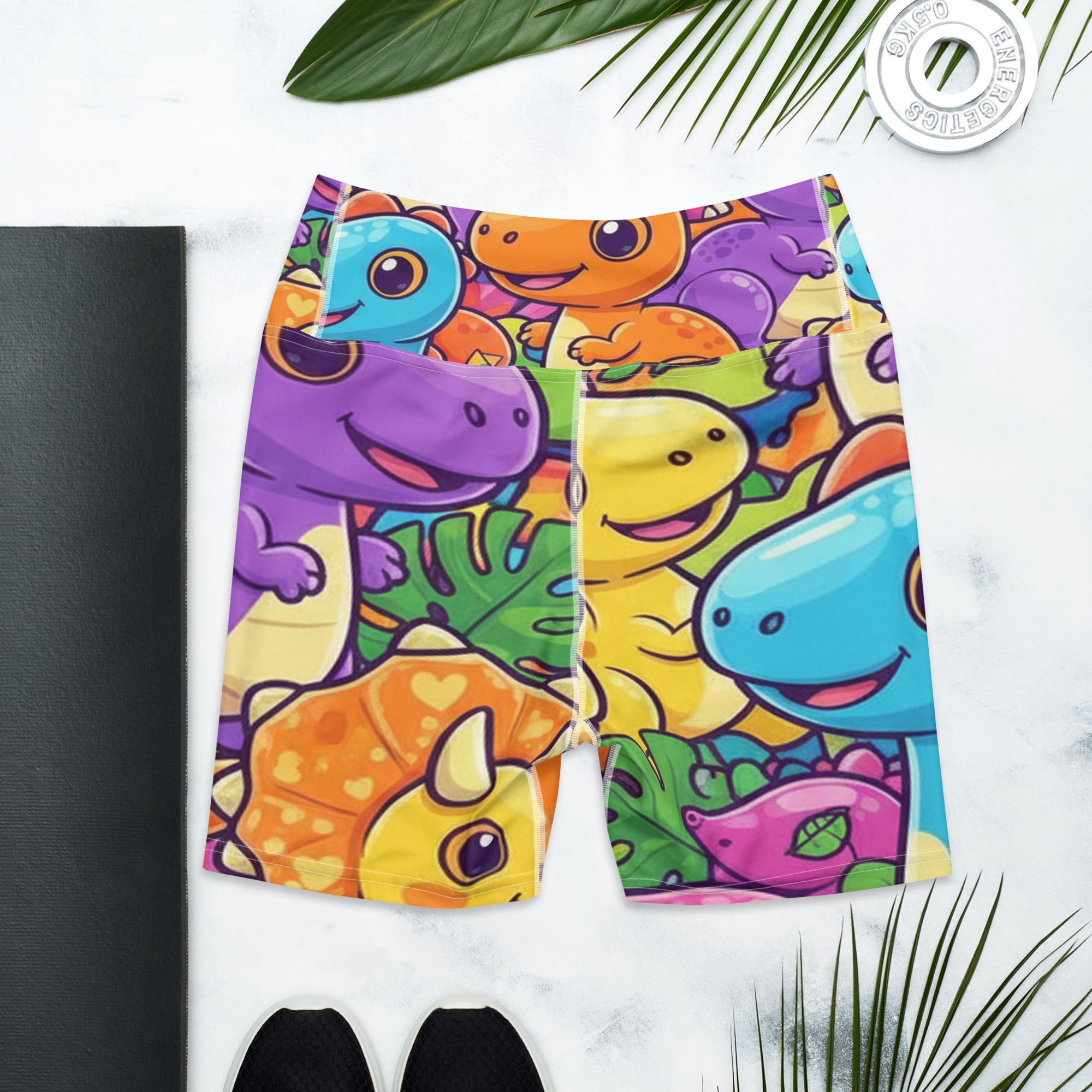 Vibrant Dinosaur Stomp Yoga Shorts | GearBunch