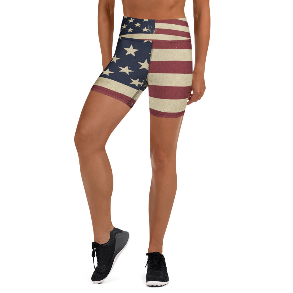 Women's vintage american flag yoga shorts front view