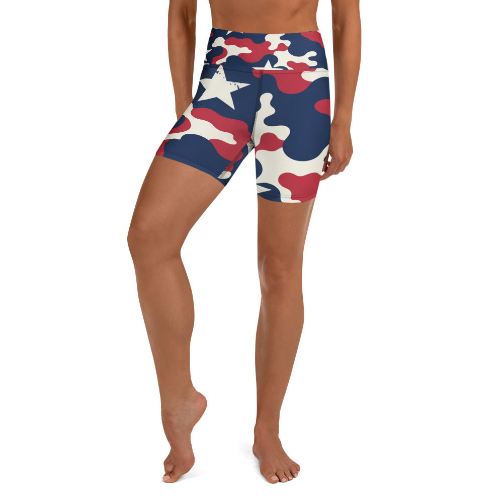 Red White Blue Camo Stars Yoga Shorts | GearBunch