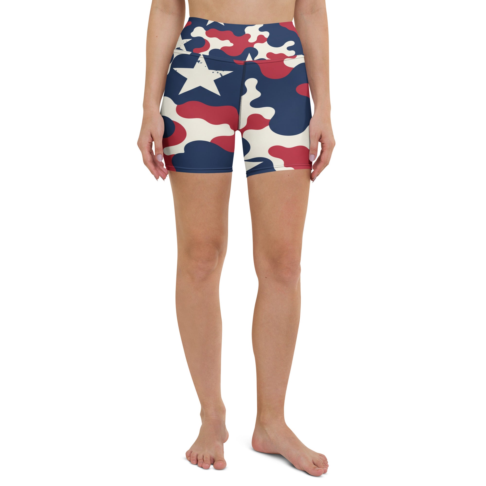 Red White Blue Camo Stars Yoga Shorts | GearBunch